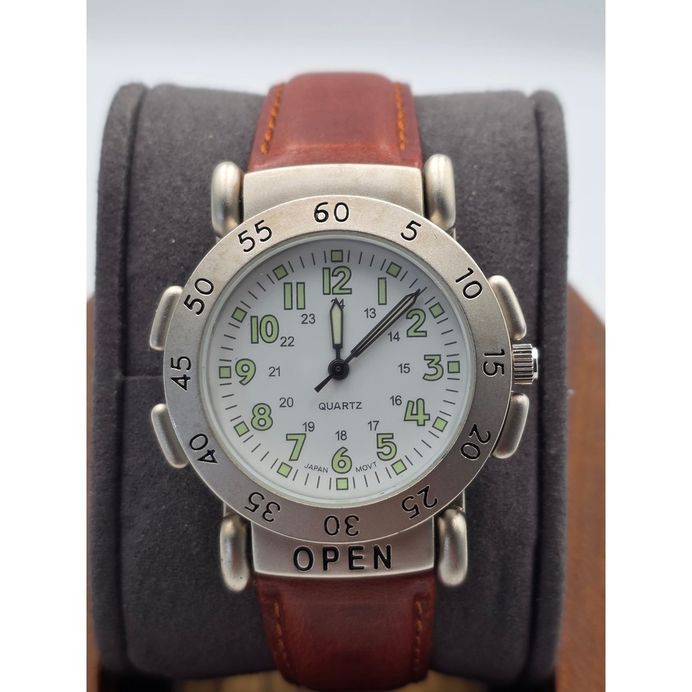 Vintage Auto-Compass Flip Top Quartz Watch Japan Movt Brown Leather 24Hr Dial